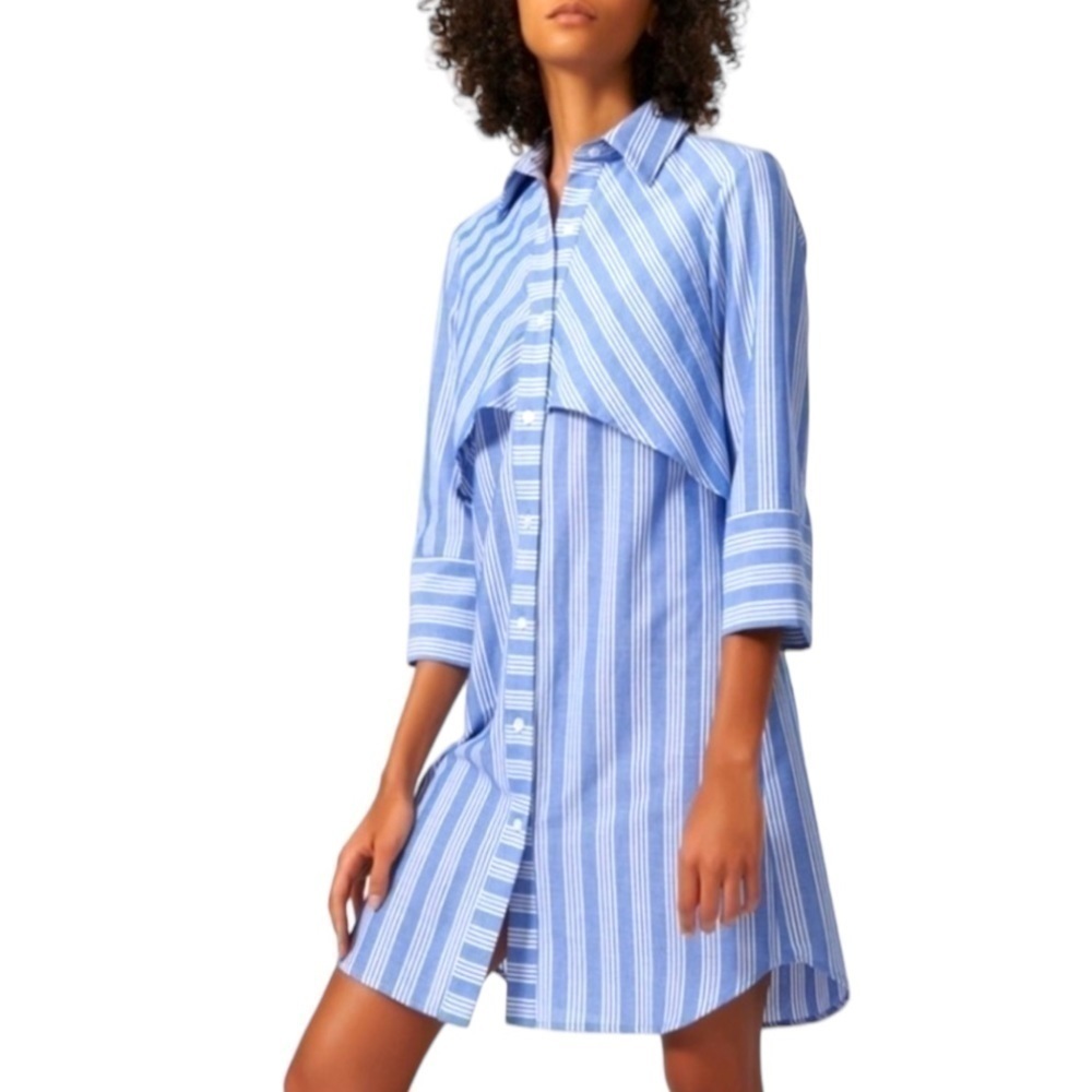 KAL Rieman Striped Cotton Tiered Shirt Dress Blue Small S